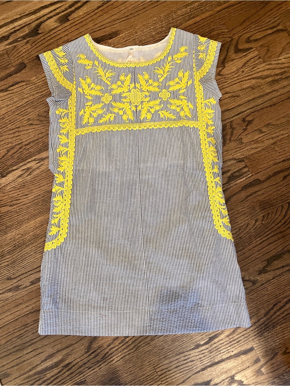 Uncle Frank Navy-and-White Stripe Dress with Yellow Embroidery